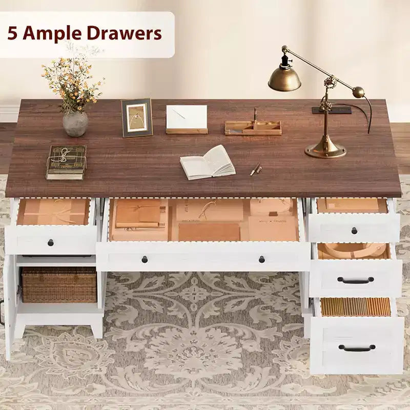 60 Executive Desk with Drawers, Home Office Desk with Charging Station, Wooden Computer Writing Desk for Study, Conference Table for Living Room