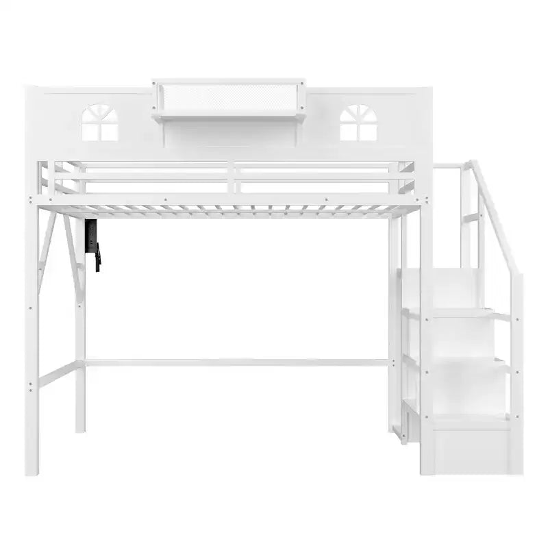ModernLuxe Full/Queen Loft Bed with Stairs & Built-in Wardrobe, Metal Bed Frame with LED Lights, USB Charging Station & Storage Shelves