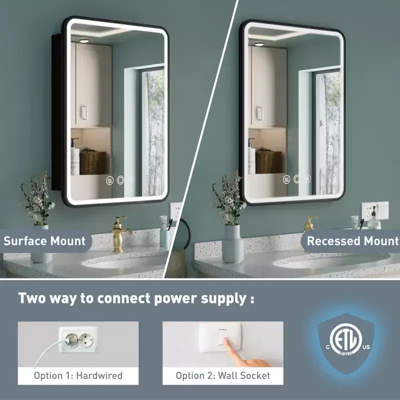 Black / White / Gold LED Medicine Cabinet, Single Door, Left or Right Hinge, Recessed or Wall-Mounted