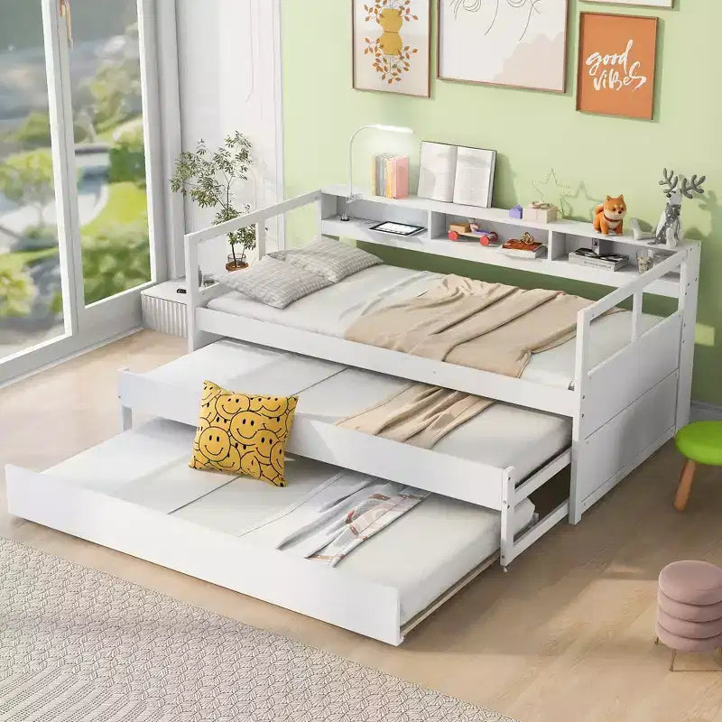 Lit de repos double XL Whisen en bois avec 2 lits gigognes, 3 compartiments de rangement, 1 lampe gratuite et port de chargement USB
