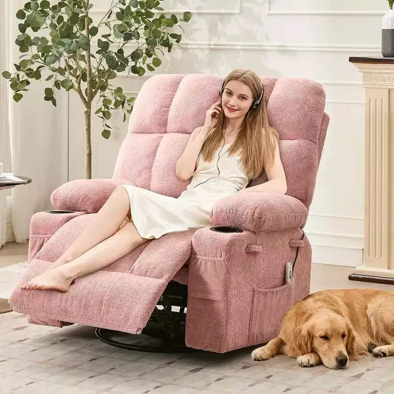 Oversized Recliner Chair for Adults, Manual Swivel Rocker Sofa, Side Pockets & Cup Holders for Big and Tall Persons, Living Room