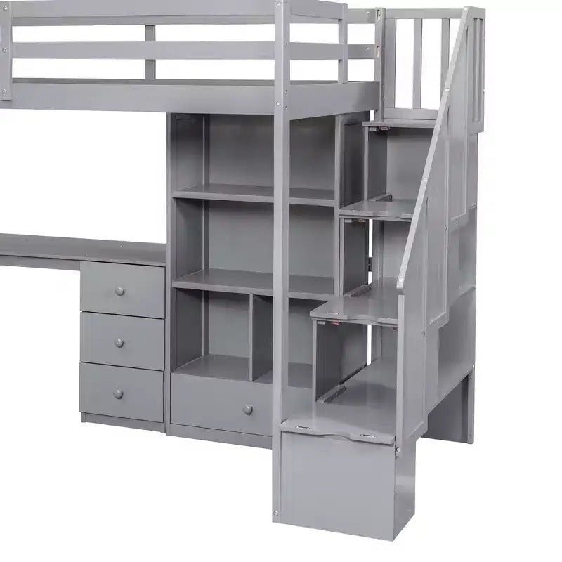 Twin Size Loft Bed with L-Shaped Desk, 3 Drawers, Cabinet, Staircase Storage, Solid Pine/MDF Build