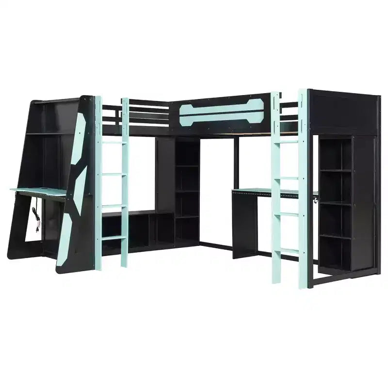 L-Shaped Gaming Loft Bed with Desks, Double Twin Loft Beds with LED Lights, USB Ports, Storage Bookshelves, Wood Corner Loft Bed for 2