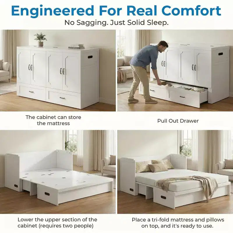 Mjkone Queen Size Convertible Murphy Cabinet Bed with Mattress, USB Charging, Storage Drawers