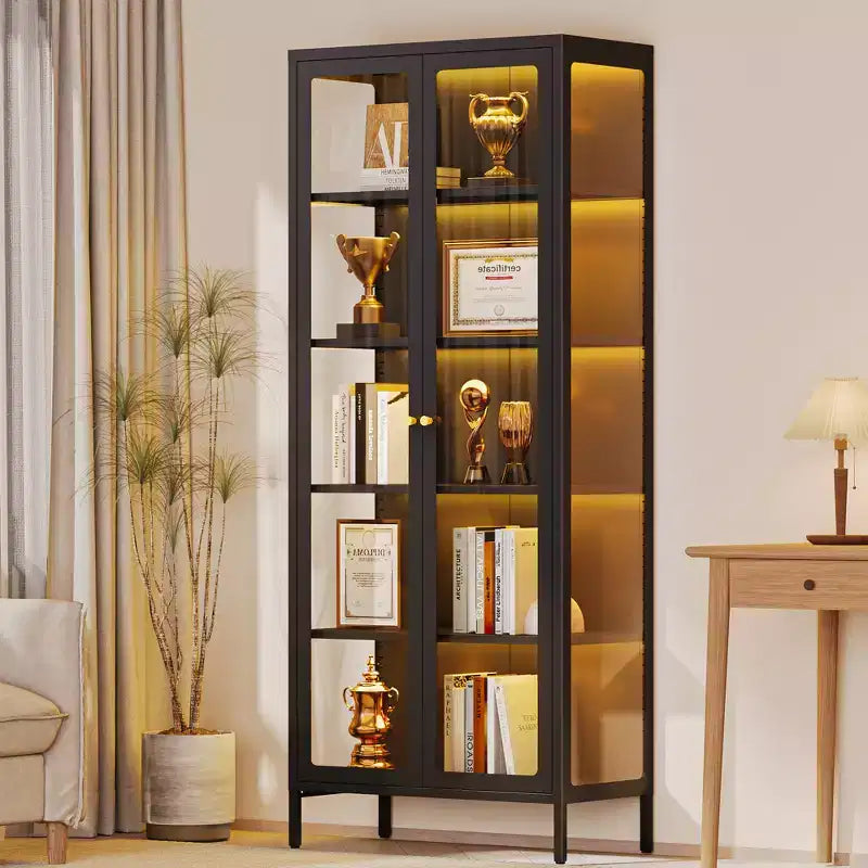 Bekrvio 67H 3-Side Glass Display Cabinet With LED Lights,5-Layer Storage with Double Doors and Metal Frame for Collectibles, Ideal for Small Spaces