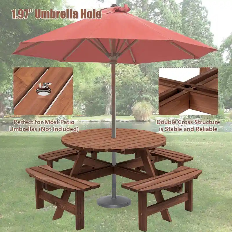 8-Person Outdoor Patio Fir Wood Round Picnic Dining Set with 4 Built-in Benches and Umbrella Hole