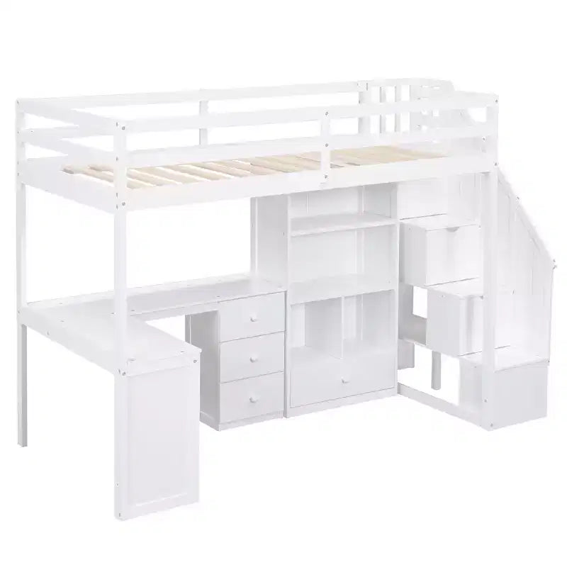 Twin Size Loft Bed with L-Shaped Desk, 3 Drawers, Cabinet, Staircase Storage, Solid Pine/MDF Build