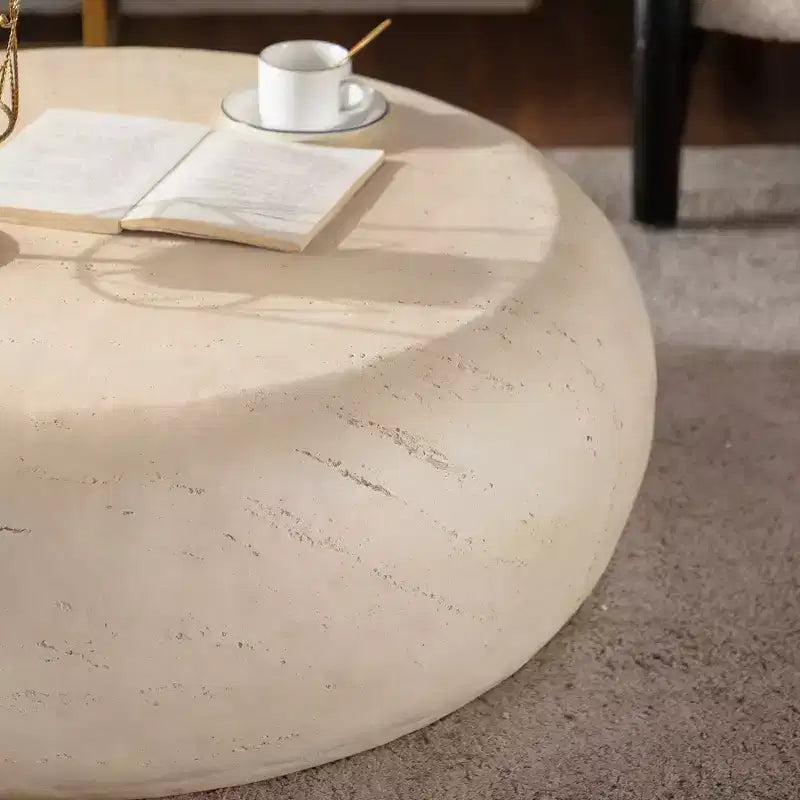 Round MgO Coffee Table with Faux Stone Design for Mid-Century Living Rooms