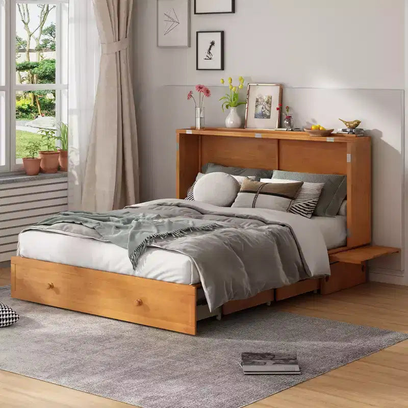 Mjkone Murphy Bed Queen,Cube Cabinet Chest Bed with Charging Station&Storage Space