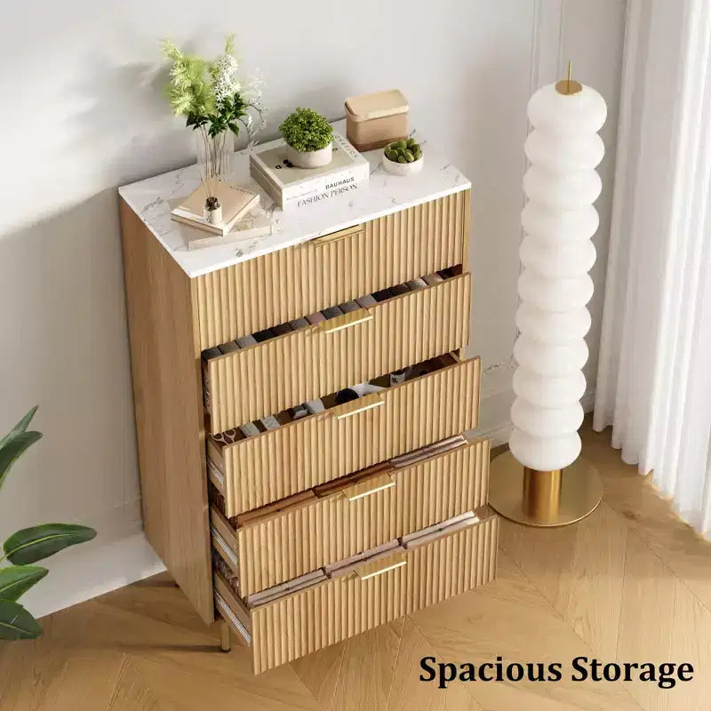 Commode à 5 tiroirs blanche / marbre et bois – Panneau cannelé, pour 1 personne