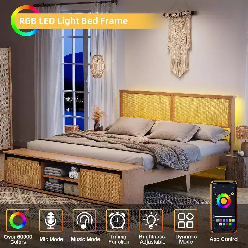 Boho Farmhouse Natural Rattan Bed Frame, Sliding Barn Door Storage and LED Light Headboard, Solid Wood Support Legs.