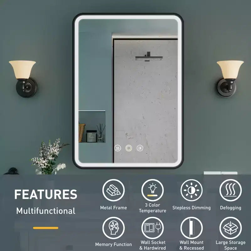 Black / White / Gold LED Medicine Cabinet, Single Door, Left or Right Hinge, Recessed or Wall-Mounted