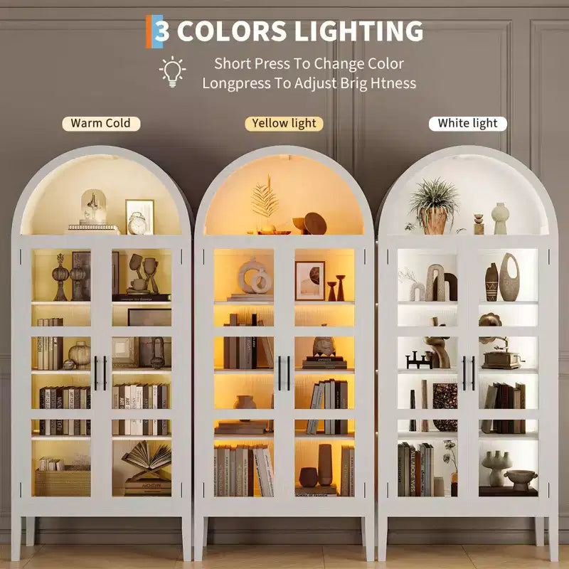Storage Cabinet, Black/White, Arched Style, Single, 71 Tall with LED Lights & Glass Doors