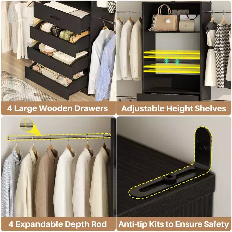 Besiost 4-9 Ft Wooden Closet Organizer System with 4 Drawers, 4 Hanging Rods & Shelving Towers