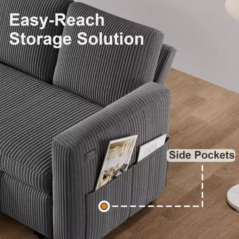 Dyonery 2 in 1 Pull Out Sleeper Sofa with Storage Chaise C Corduroy Sectional Couch with USB Ports for Living Room