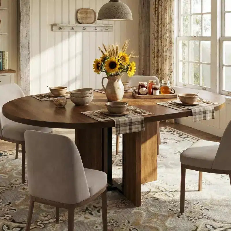 47-63 Extendable Round Dining Table for 4-8, Farmhouse Wood Expandable Kitchen Table with Metal Frame, Oval Space Saving for Apartment, Retro Gray