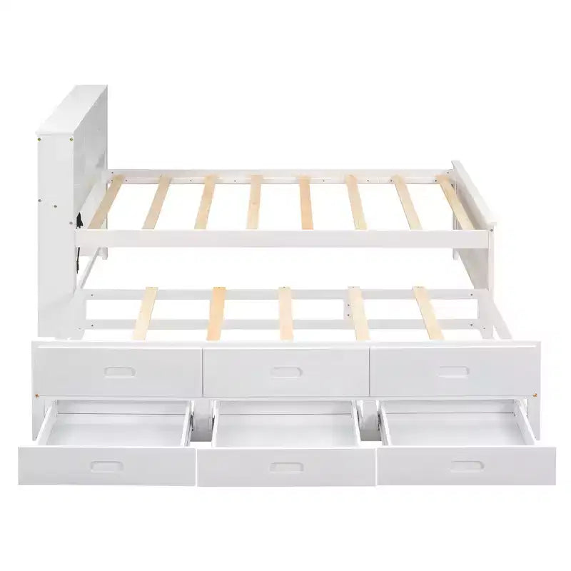Platform Bed with Trundle and Drawers, Storage Platform Bed with USB, Wood Platform Bed with Bookcase