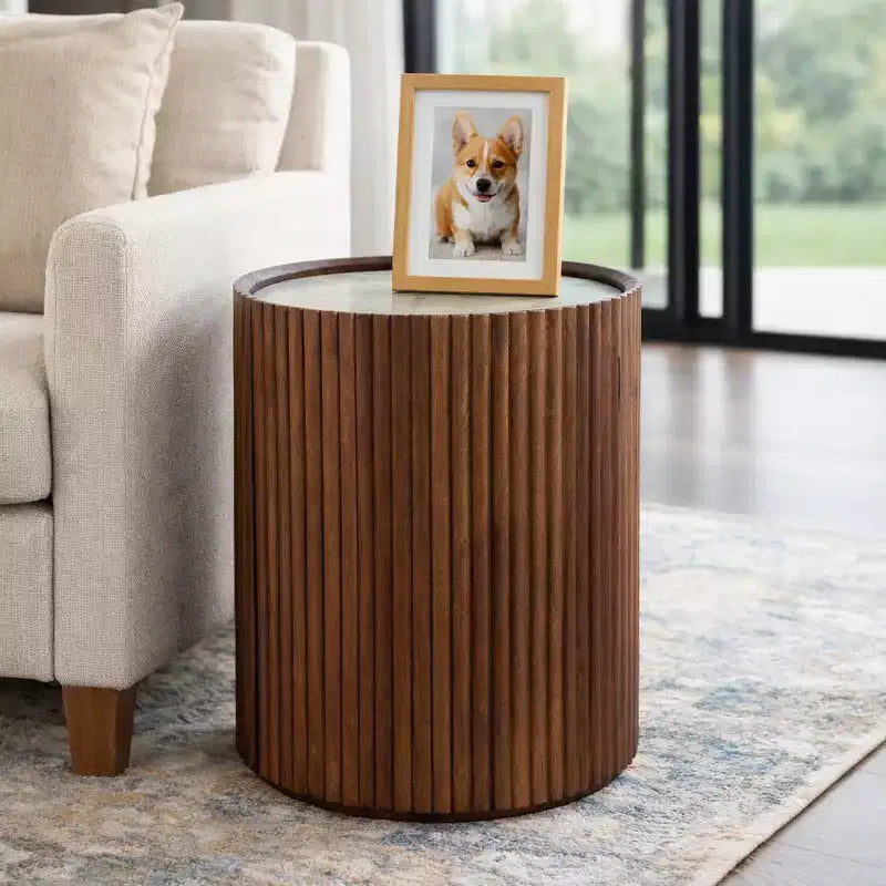 Decorative Ribbed Wooden Side Table with Marble Top and Storage - Small Home Decor Table Stand for Bedroom or Living Room Decor