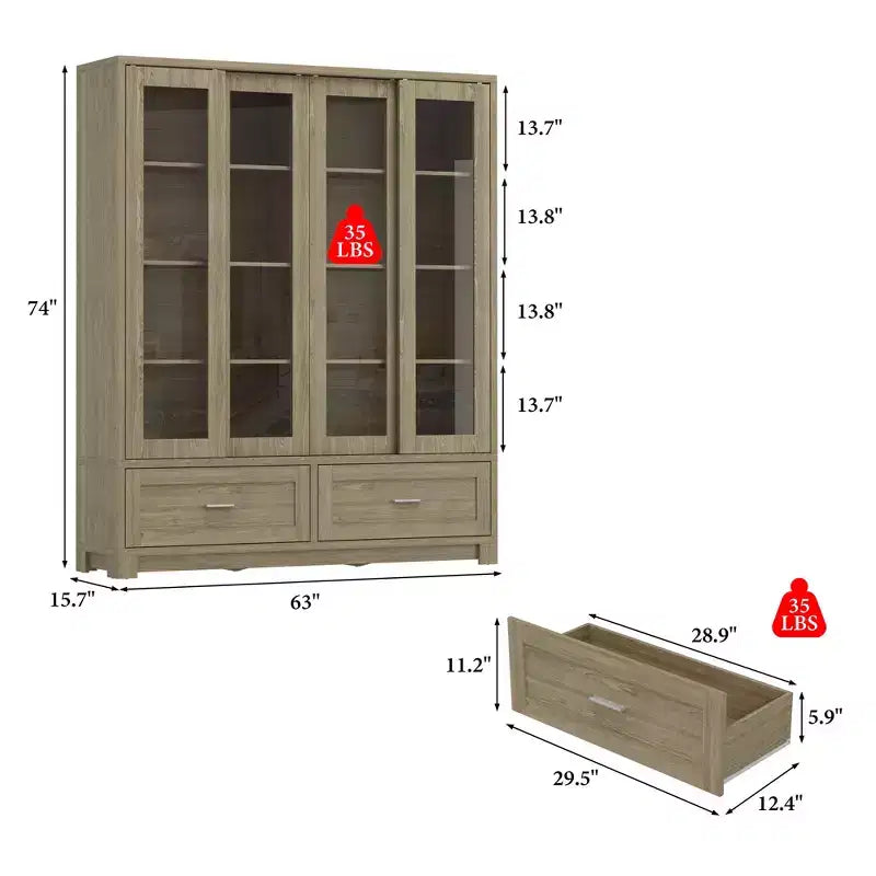 Famapy Light Oak-Grain Display Bookcase: 63W,Sliding Glass Doors + Drawer Storage  Spacious Organizer for Home Libraries & Living Rooms