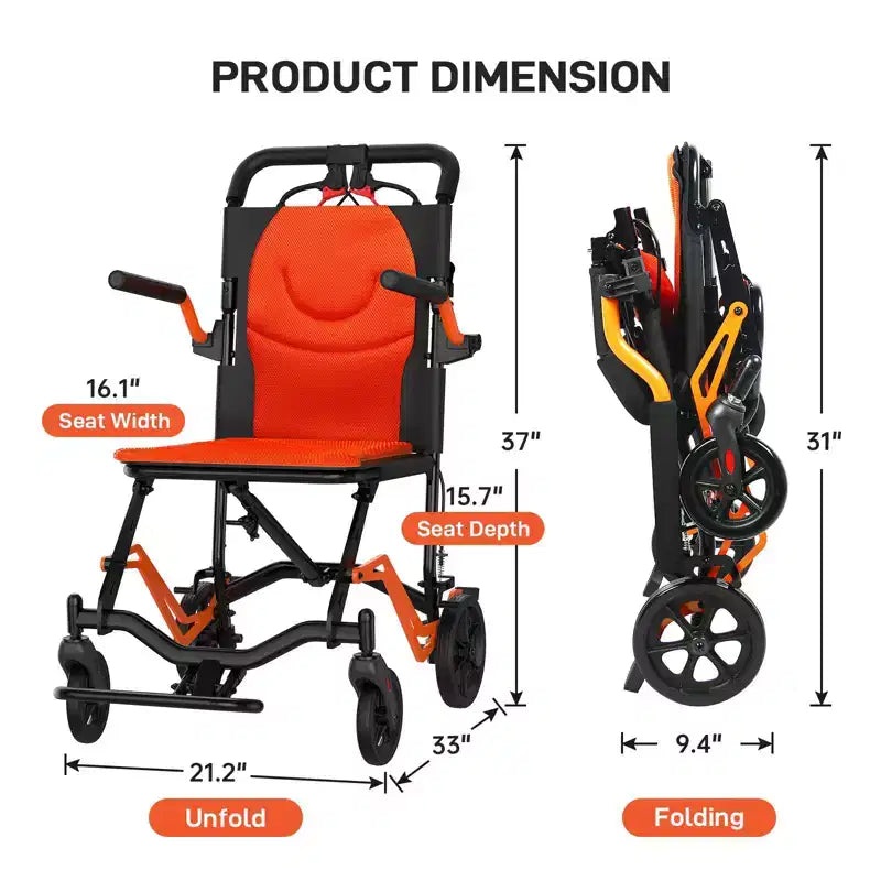 Ultra Lightweight Folding Transport Wheelchair, Supports 220 lbs, 18 lbs Aluminum Frame, 16.2 Seat, Removable Armrests & Footrests,Locking Handbrake