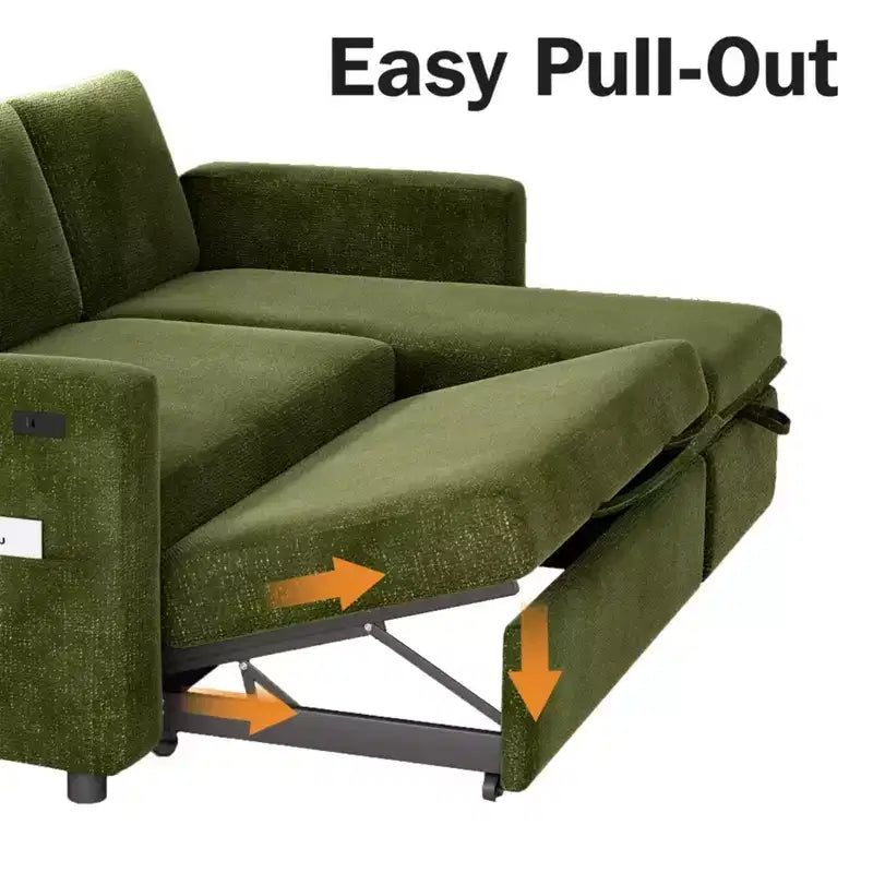 2-in-1 Pull Out Sleeper Sofa with Storage Chaise, Chenille Sectional Couch with USB Ports for Living Room