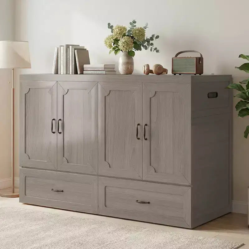 Mjkone Queen Size Convertible Murphy Cabinet Bed with Mattress, USB Charging, Storage Drawers