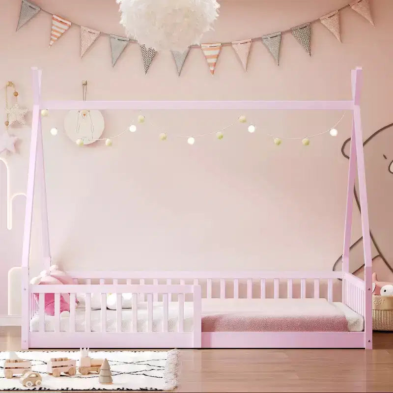 Floor Bed for Kids, Twin Size Tent Beds, Montessori Floor Bed with Slats and Fence Rails, Wood House Bed Frame for Boys Girls