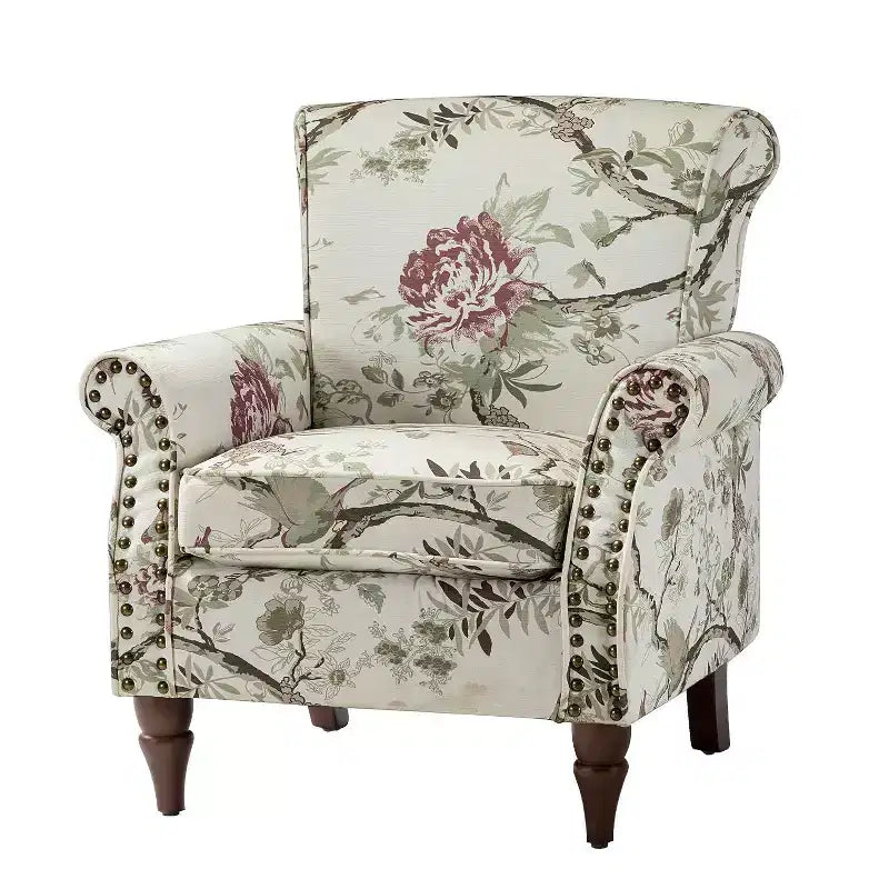 Fauteuil en bois traditionnel Araceli, rembourré à motifs floraux, avec dossier à oreilles et garniture cloutée | ART OF LIVING DESIGNS
