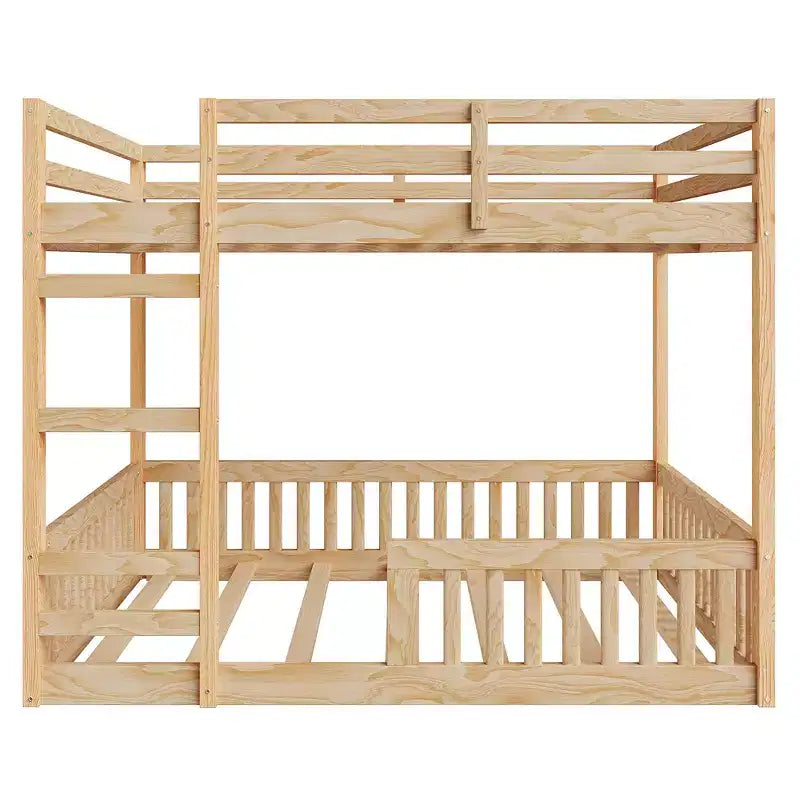 Full over Full Wooden Bunk Bed with Ladder and Guardrails, Low Floor Full Size Bunk Beds with Slats Support