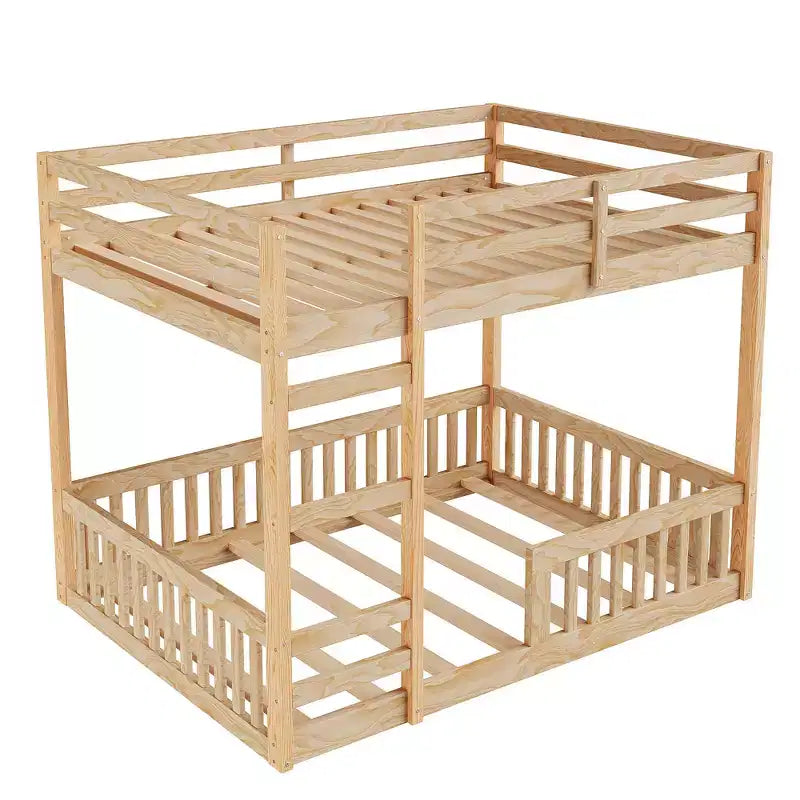 Full over Full Wooden Bunk Bed with Ladder and Guardrails, Low Floor Full Size Bunk Beds with Slats Support