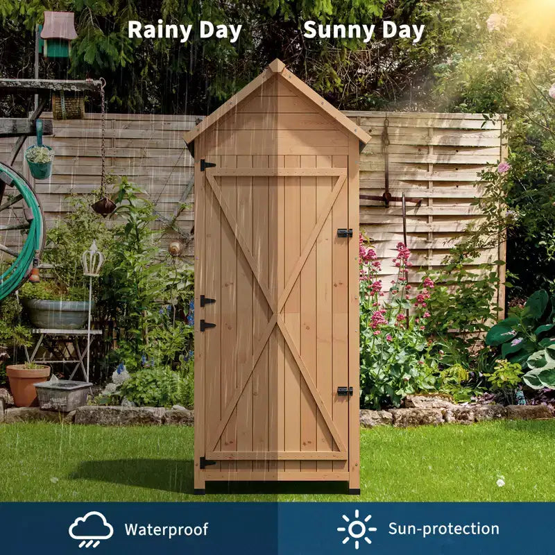 Waterproof Wooden Outdoor Tool Cabinet  Lockable Double Doors, 3 Adjustable Shelves & Sloped Roof  Space-Saving Storage for Patio, Yard or Lawn