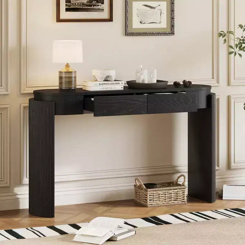 Merax Modern Oval-Top Console Table with Fluted Curved Legs & Dual Hidden Drawers