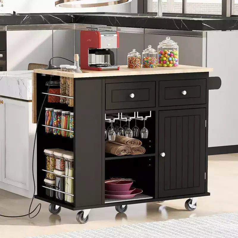Movable Kitchen Island with Power Outlet, Drop Leaf and Rubber Wood Top