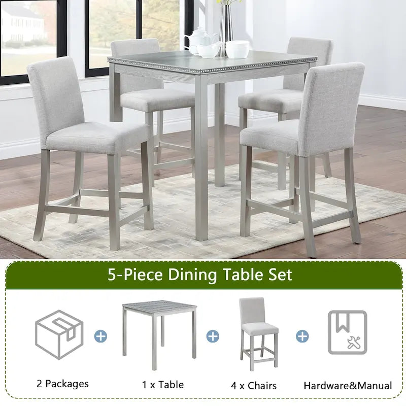 Ensemble de salle à manger moderne 5 pièces avec table carrée hauteur comptoir et 4 chaises rembourrées