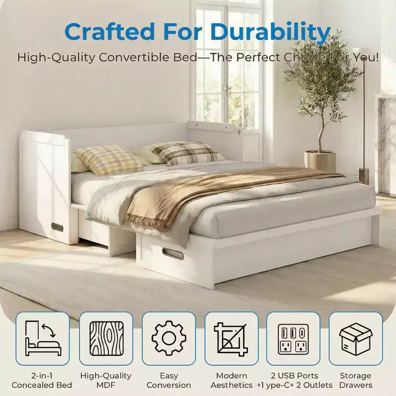 Mjkone Queen Size Convertible Murphy Cabinet Bed with Mattress, USB Charging, Storage Drawers