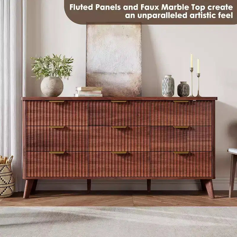 9 Drawers Fluted Dresser, Modern Chest, Wooden Dresser TV Stand, Curved Profile Design, for Living Room, Hallway