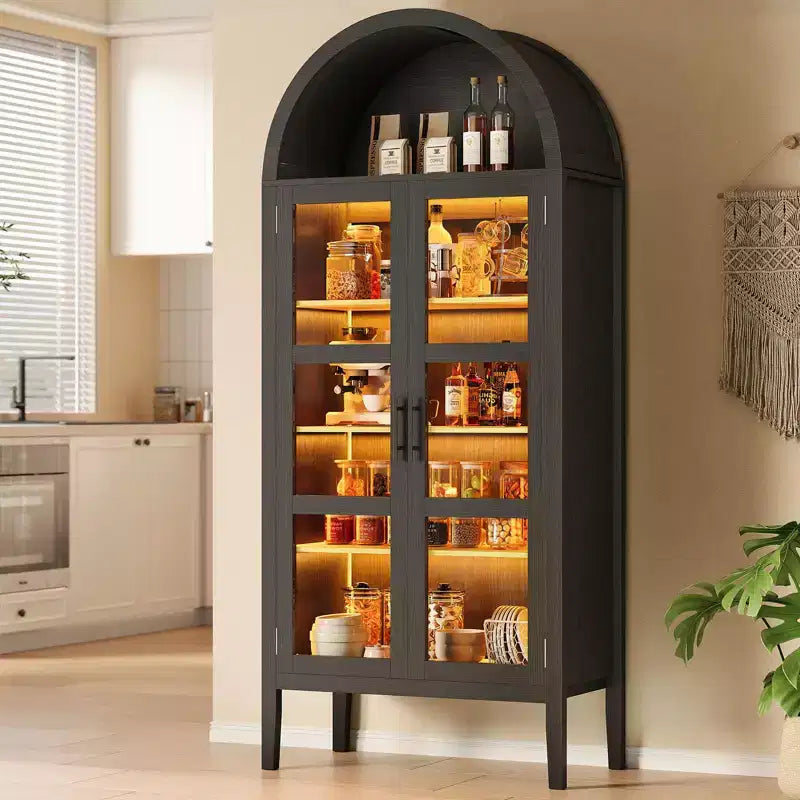 Storage Cabinet, Black/White, Arched Style, Single, 71 Tall with LED Lights & Glass Doors