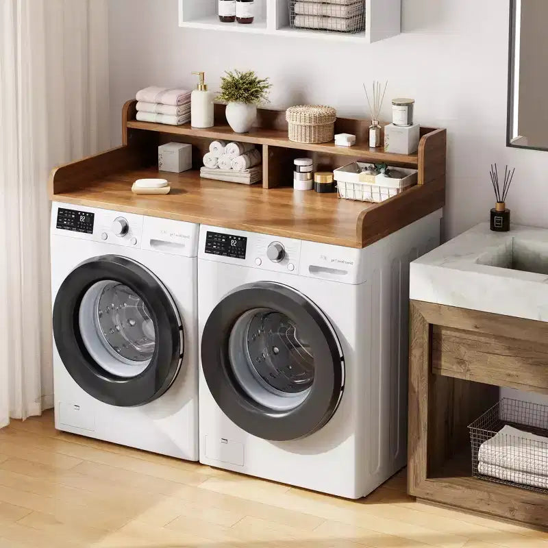 Wood Washer and Dryer Topper, 54 Laundry Countertop with 2-Tier Storage Shelf, Anti-Slip Work Surface with Guardrails for Laundry Organization