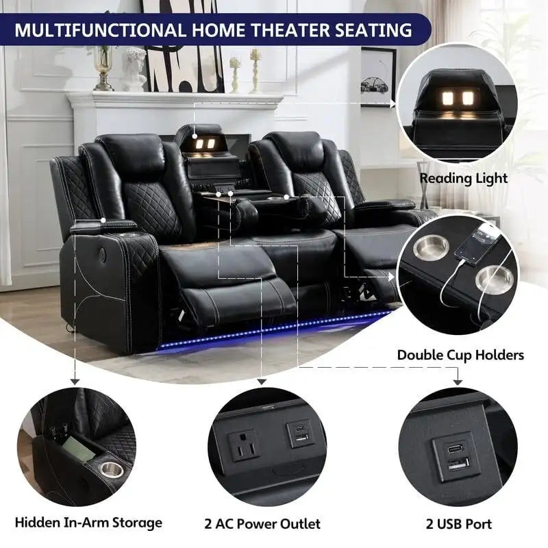 Power Reclining Sofa with Wireless Charger,Reading Light for Living Room,Faux Leather LED Light,AC/USB Port,Cup Holder,Black