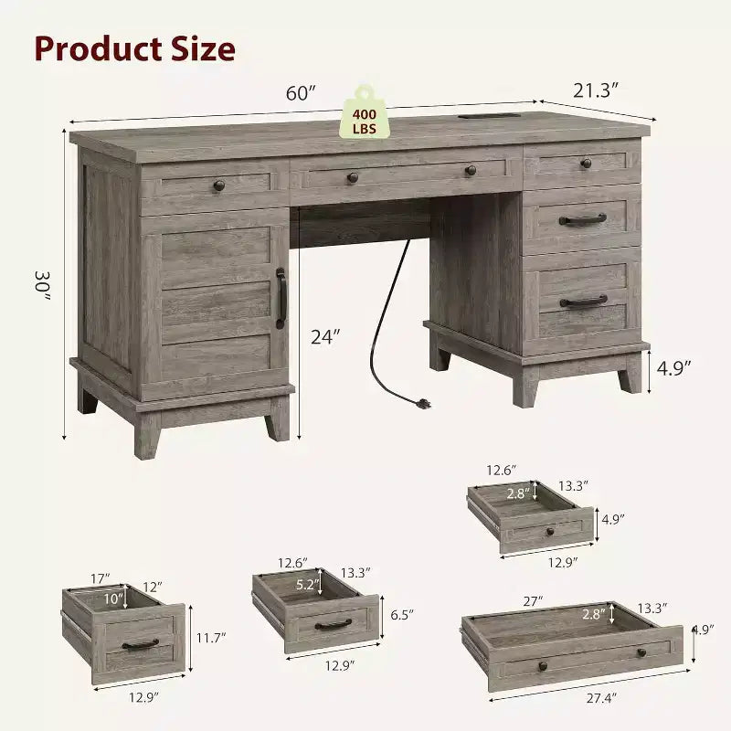 60 Executive Desk with Drawers, Home Office Desk with Charging Station, Wooden Computer Writing Desk for Study, Conference Table for Living Room