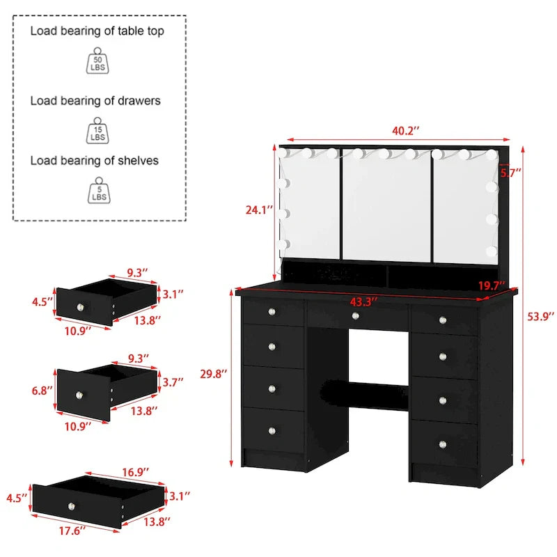 Luxurious LED Makeup Vanity with 9 Drawers Elegant Makeup Station