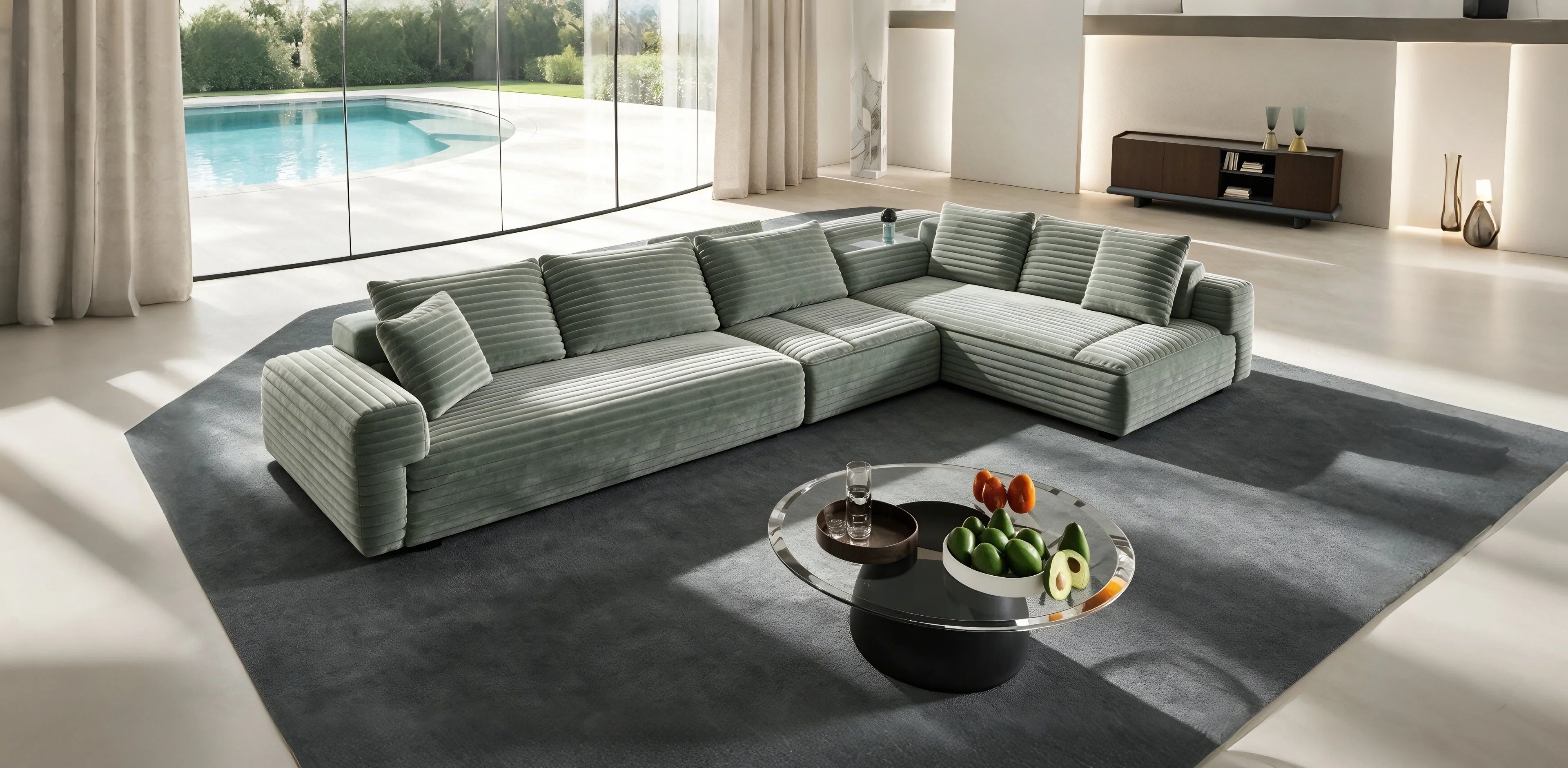 102.4 Plush Corduroy 4-Seat Convertible Sofa with Ottomans - Green