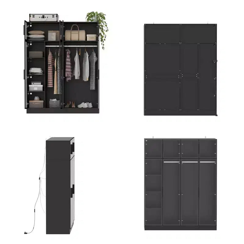 Hitow Pure Black Luxury Armoire with Tempered Glass Doors 3-Color LED Wardrobe Floor-to-Ceiling Bedroom Closet Organizer Dressing Room Closet