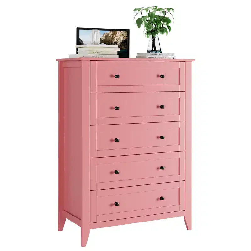 5-Drawer 42.5-Inch Tall Dresser for Bedroom, Wooden Storage Cabinet with 11.9-Inch Deep Drawers & Gold Metal Knobs, Ideal for Entryway, or Hallway