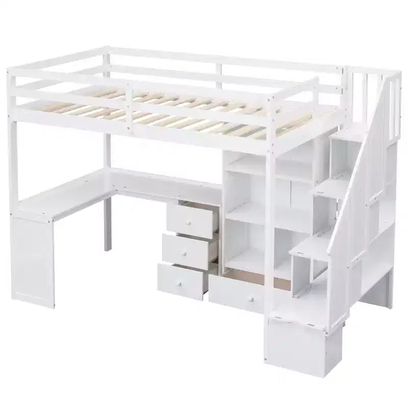 Twin Size Loft Bed with L-Shaped Desk, 3 Drawers, Cabinet, Staircase Storage, Solid Pine/MDF Build