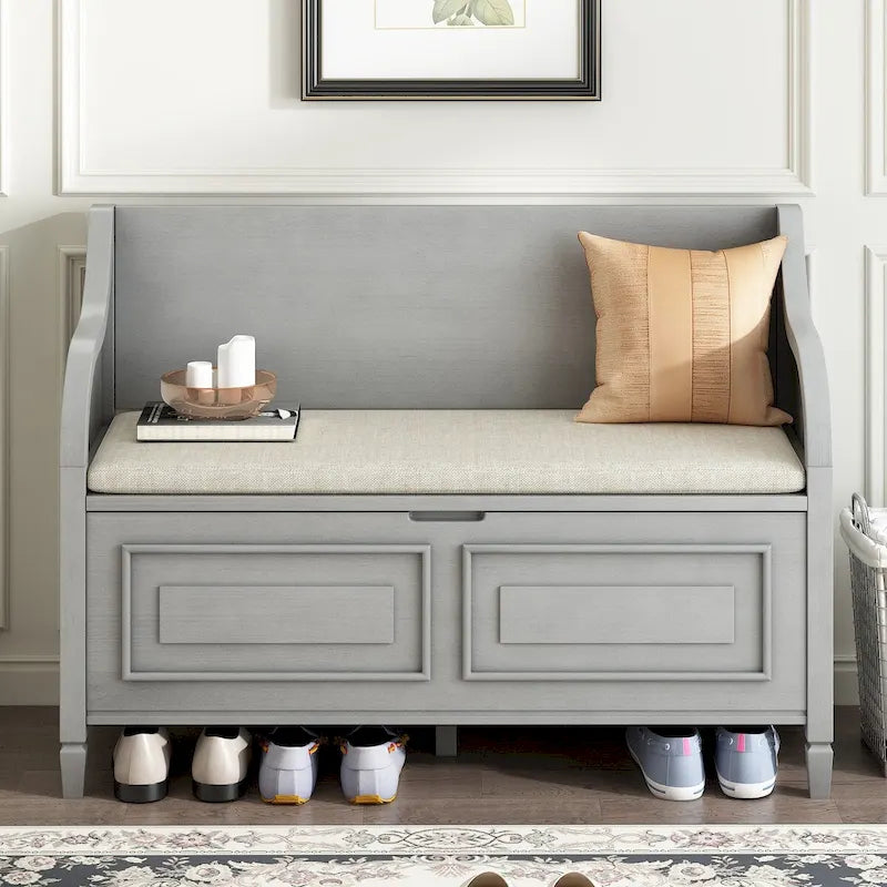 Rustic Solid Wood Entryway Storage Bench with Safety Hinge
