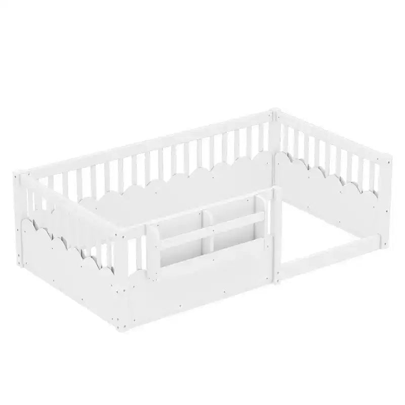 Bellemave Kids Floor Bed with Heightened Fence and Bookshelf, Wooden Twin Montessori Bed Frame for Girls Boys