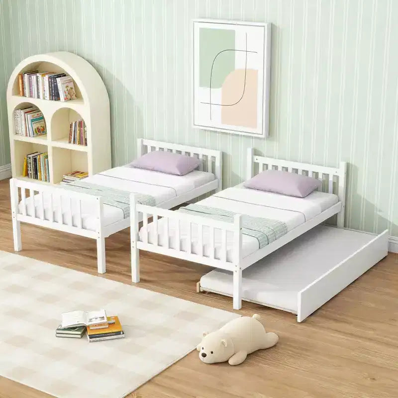 Twin Over Twin Modern Wood Bunk Bed with Trundle, Convertible into 2 Beds