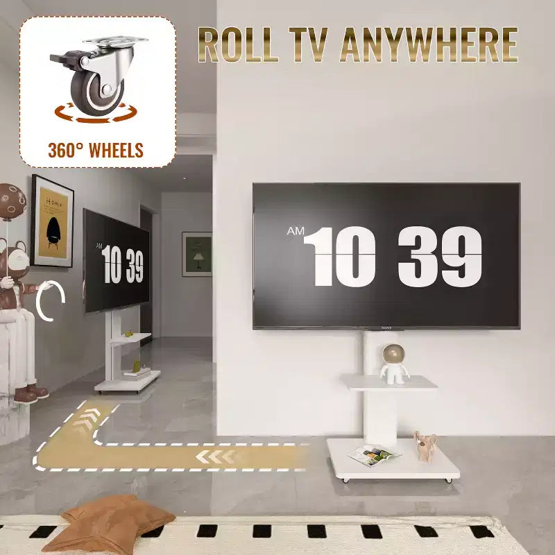 Meuble TV pour téléviseurs de 32 à 75 pouces, Chariot TV mobile à hauteur réglable avec tiroir et roulettes pour salon, chambre, bureaux -ModernLuxe