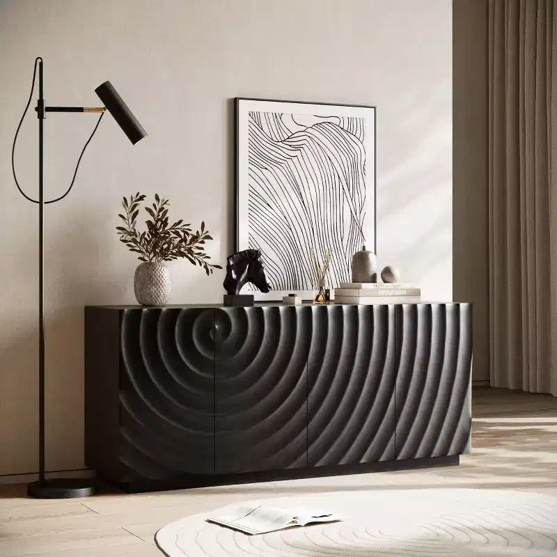 59 Modern Spiral Sideboard Buffet Cabinet, Low Profile Art Entryway Storage Cabinet with 3D Ripple Texture Doors